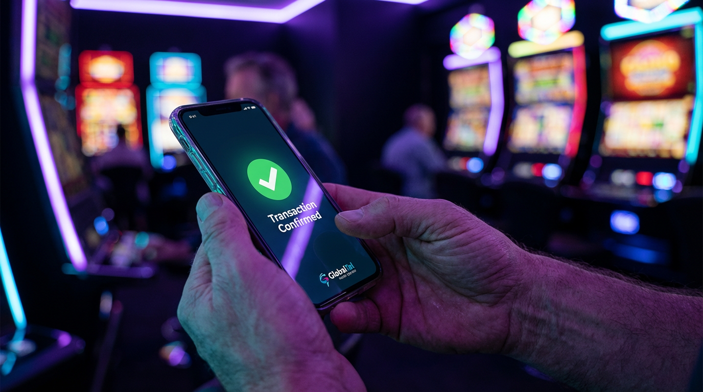 Gracz trzymający smartfon z potwierdzeniem transakcji SMS w kasynie online