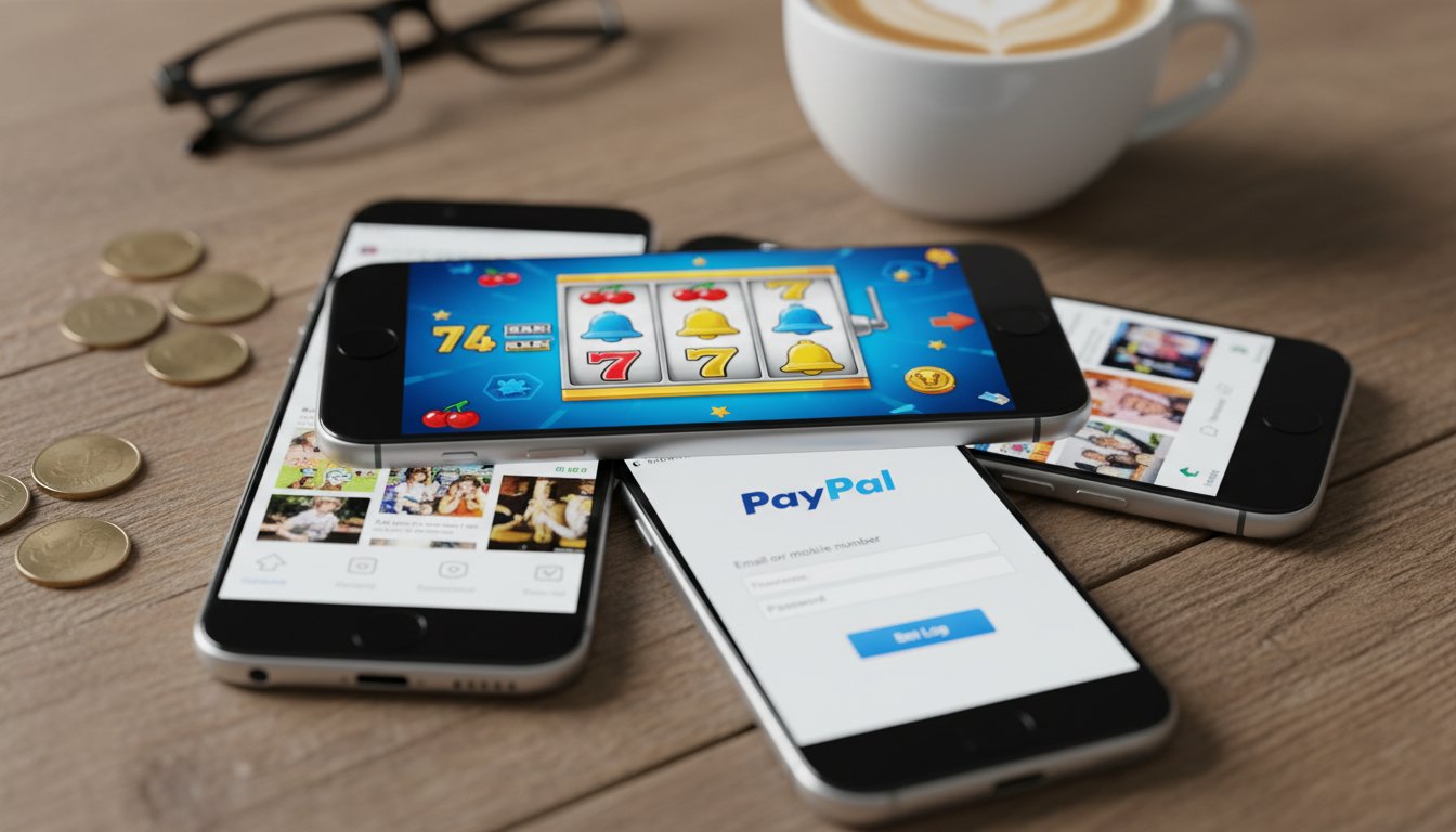 Ekrany smartfonów wyświetlające gry kasynowe i logo PayPal