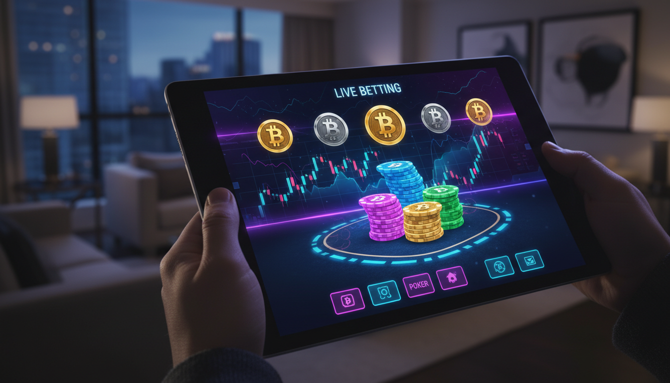 Futuristic crypto gambling interface with 3D charts and coins
