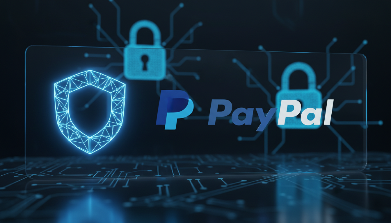 Ilustracja przedstawiająca tarczę bezpieczeństwa i logo PayPal