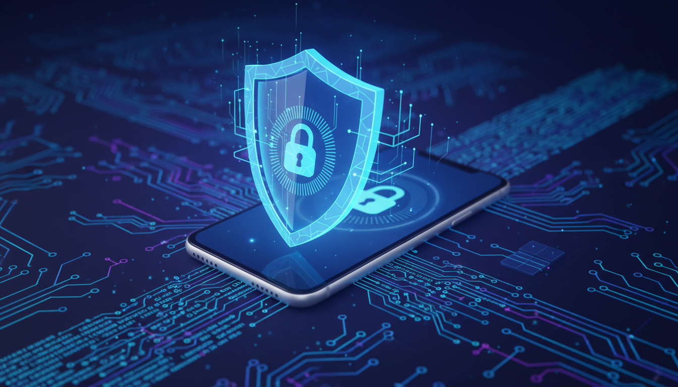 Grafika przedstawiająca tarczę bezpieczeństwa nad smartfonem z logotypem płatności